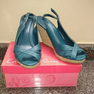 Teal wedge slingbacks